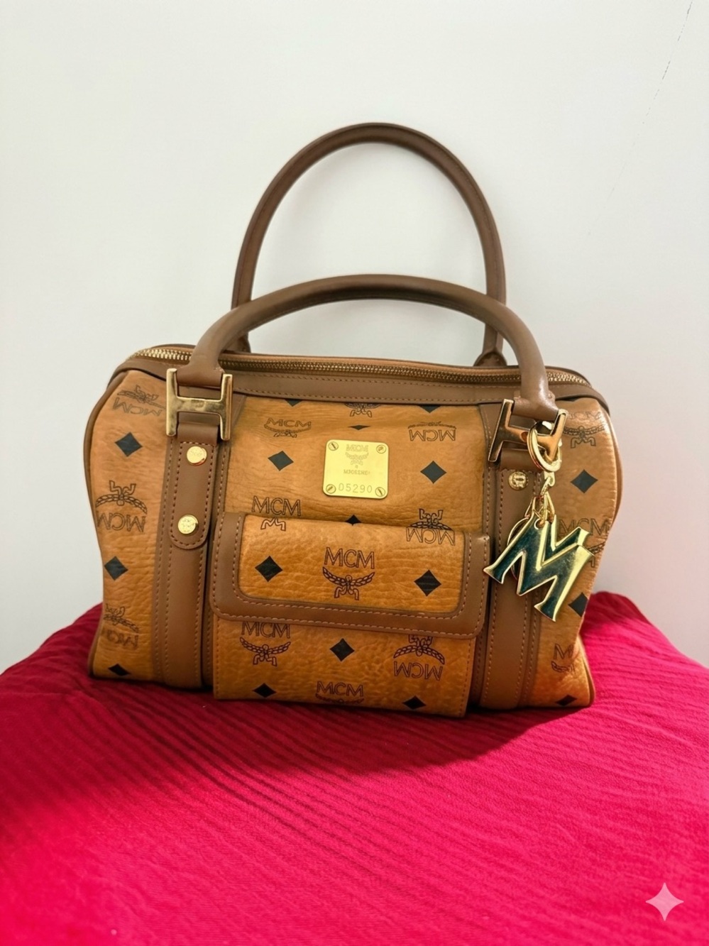 MCM Vintage Cognac Visetos Boston Bag Satchel w/ Front Pocket & MCM Charm